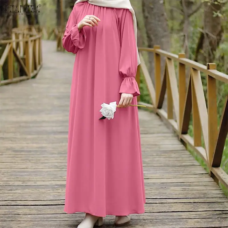 ZANZEA Plus Size 5XL Muslim Modest Maxi Dress Womens Casual Gathered O-Neck Long Sleeve Loose Abaya Robes Islamic Hijabis Kaftan