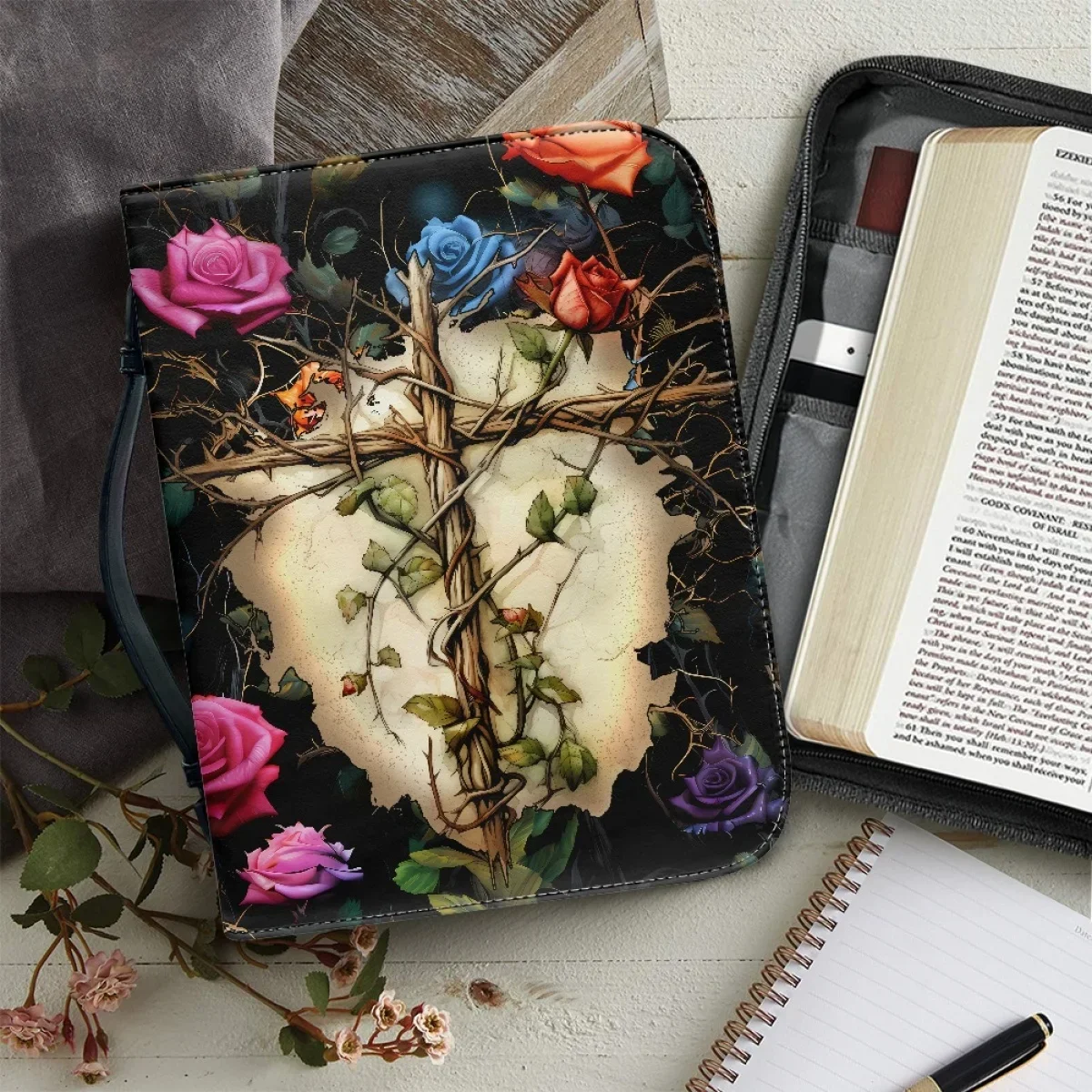 

Vintage Cross Floral Print PU Leather Handbag Zipper Handle Bible Carrying Case Custom Christian Bags Handle Study Book Boxes