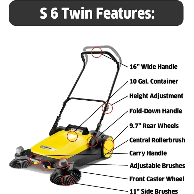 D2BKärcher-S6 Twin Walk-Behind Outdoor Hand Push Floor Sweeper 10 Gallon Capacity-33.9 "Sweeping Width-Sweeps up to 32,300 ft²/H
