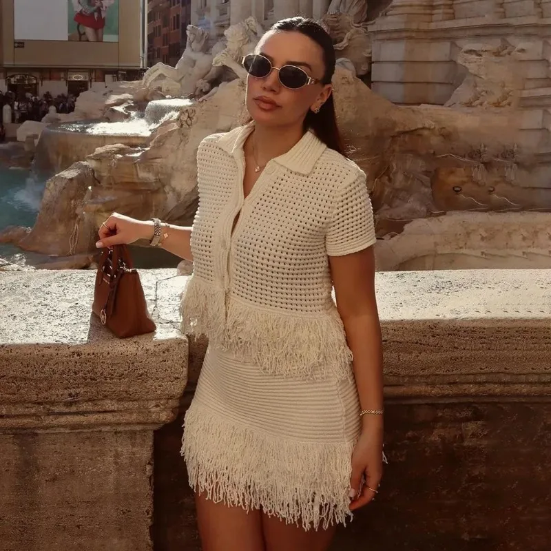 Talenza Women Knit Dress Set Fashion Lapel Cardigan Top Hollowed Out Fringe Slim Skirt Set Luxury Vintage Knit Dress Two Pieces
