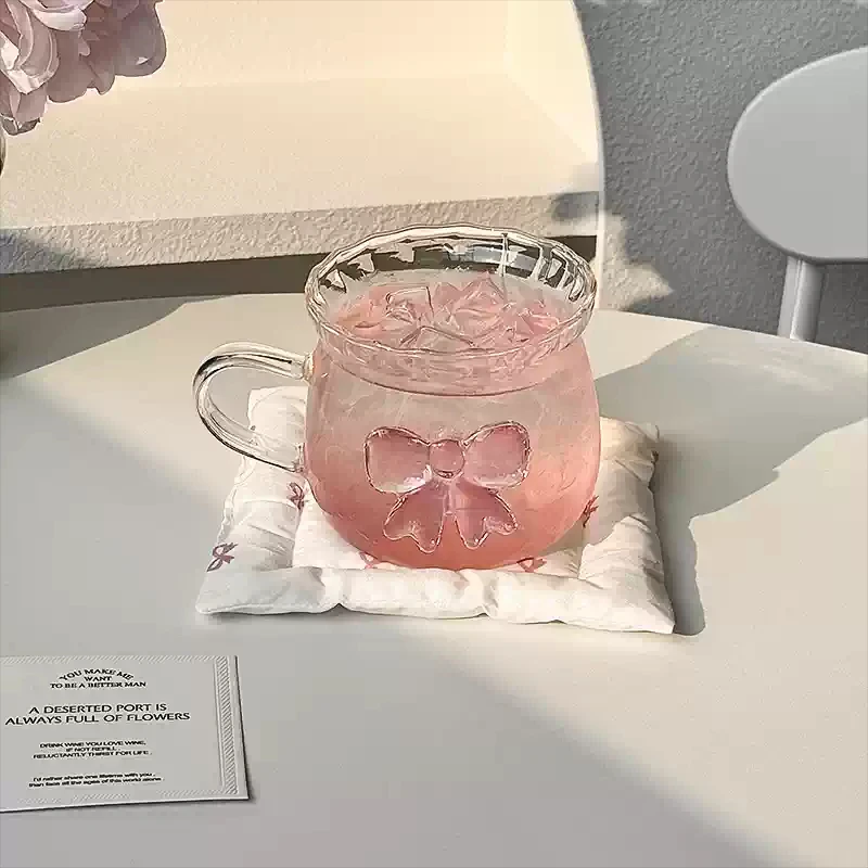 Bow Splicing Glass 500ml Household High Aesthetic Exquisite Borosilicate Glasses Handle Stripe Transparent Milk Tea Juicy Cup