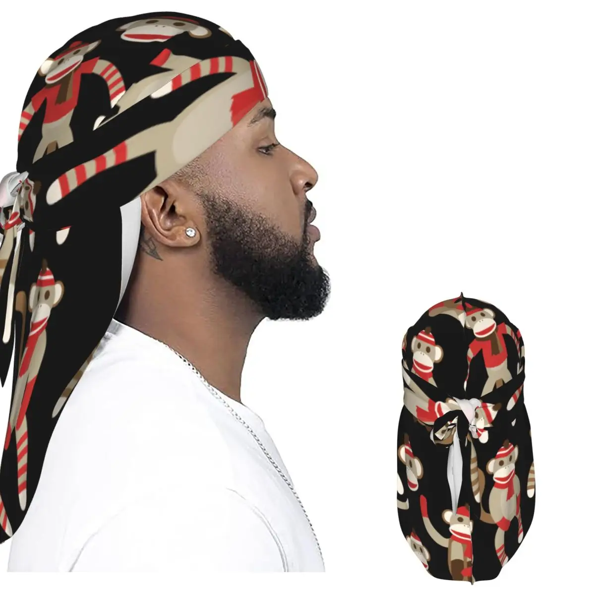 Long Tail Satin Durag Men Hair Scarf Christmas Sock Monkey Headwrap Hair Protector