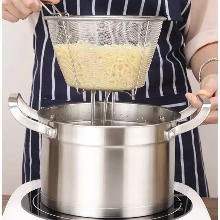 Cesta para patatas fritas, cacerola para aceite, cestas para patatas fritas de acero inoxidable 304 con mango, colador para freidora, cesta para blanquear, espumadera para freidora