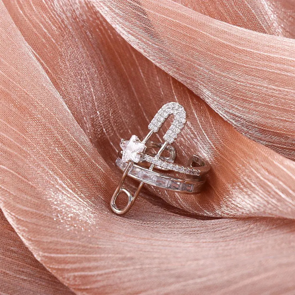 Trend Girls Exaggerated Double Layer Micro-Inlaid Pin Design Finger Rings Copper Fashion Jewelry Open Ring