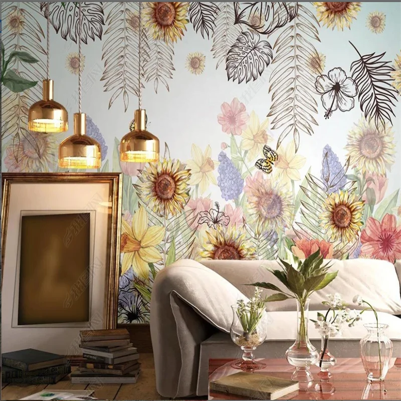 Colorful Pastoral Style Wallpaper Nordic Sunflower Flowers Bushes Floral 3d Self Adhesive Mural for Home Decor Living Room