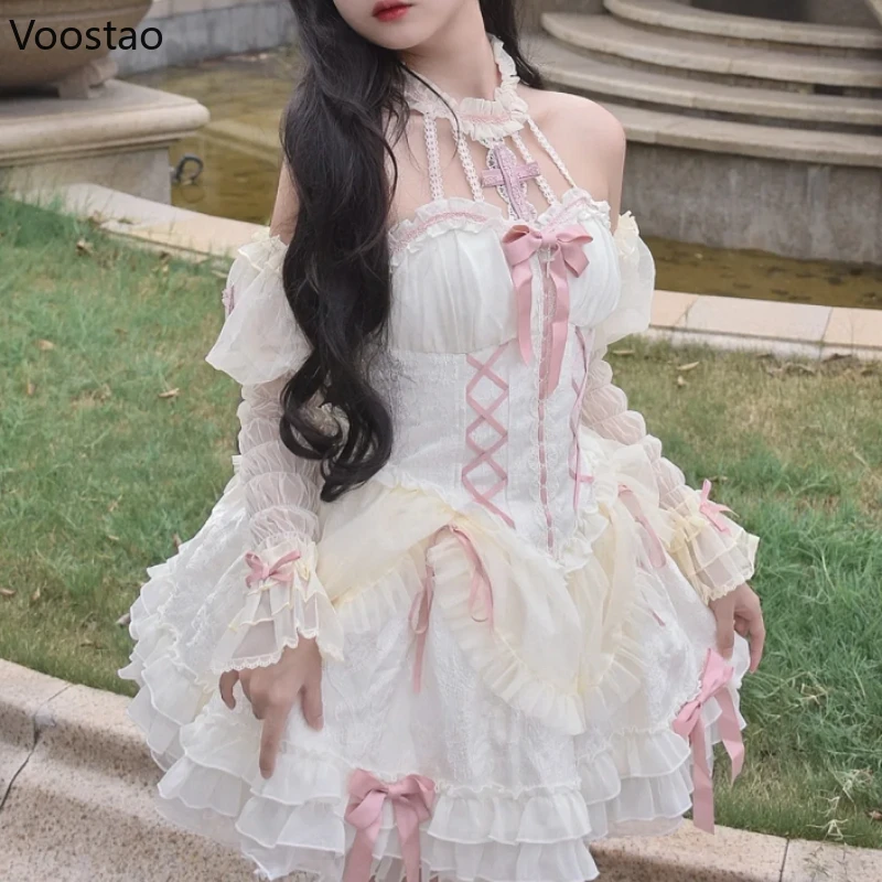 Vestido de princesa Lolita gótico para mulheres, Sweet Bowknot Cross Lace Ruffles, Vestidos de festa noturna, Vestido Japonês Harajuku Y2K Bandage