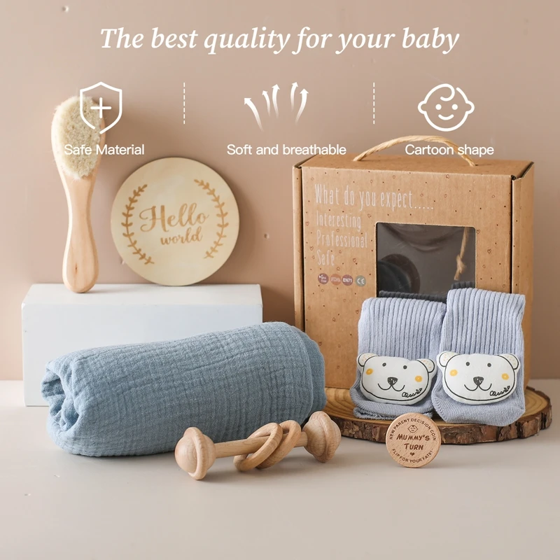 Baby Gift Set Newborn Infant Baby Towel Newborn Bath Toy Baby Drool Towel  Wood Rattle  Growth Milestone  Wool Brush  Baby Socks