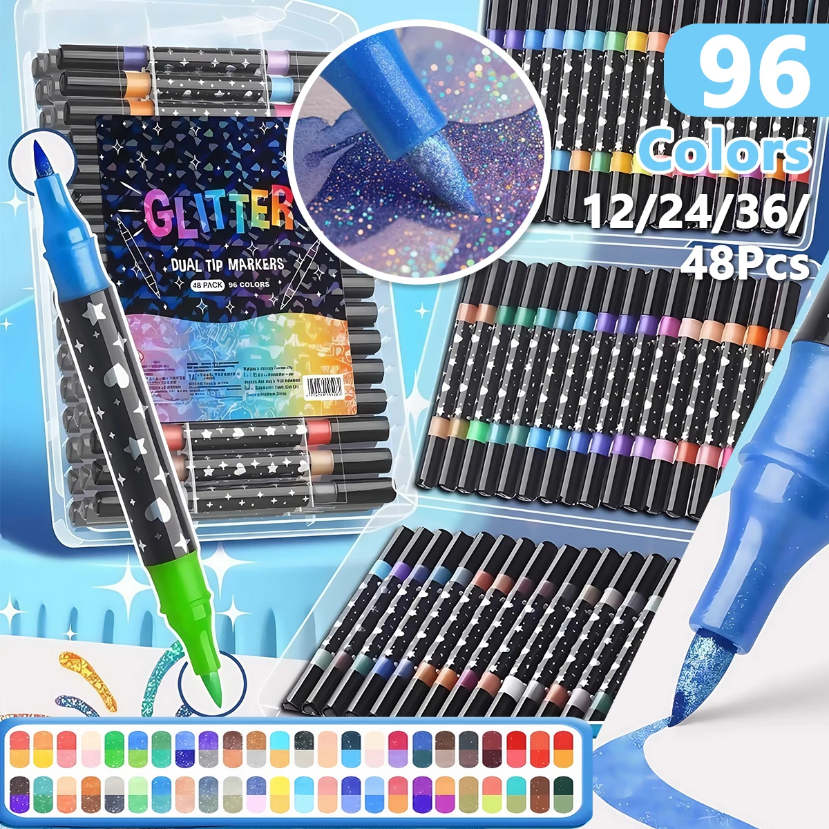 

12/24/36/48pcs Double-Ended Glitter Marker Pen Set Dual-Tip Glitter Watercolor Pens & Highlighters Rich Colors Soft Tips