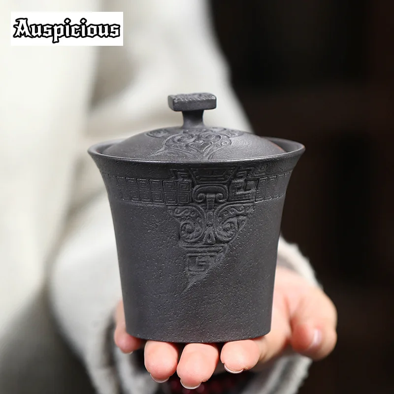 150ml Handamde Yixing Purple Sand Tea Tureen Raw Ore Relief Taotie Pattern Three Talent Cover Bowl Chinese Tea Brewing Gaiwan