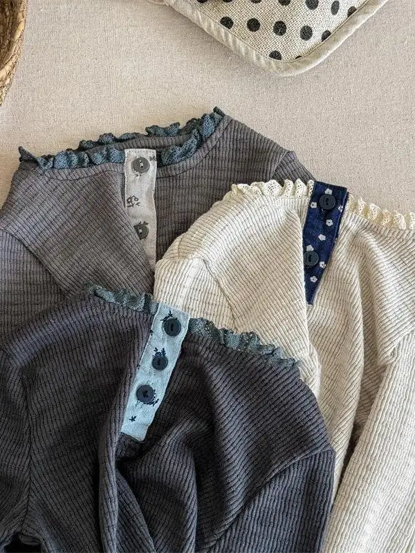 

Soft Pure Color round Ne Long Sve Baby Girl's Ruffle Base irt Children's Versatile Long Sve T irt