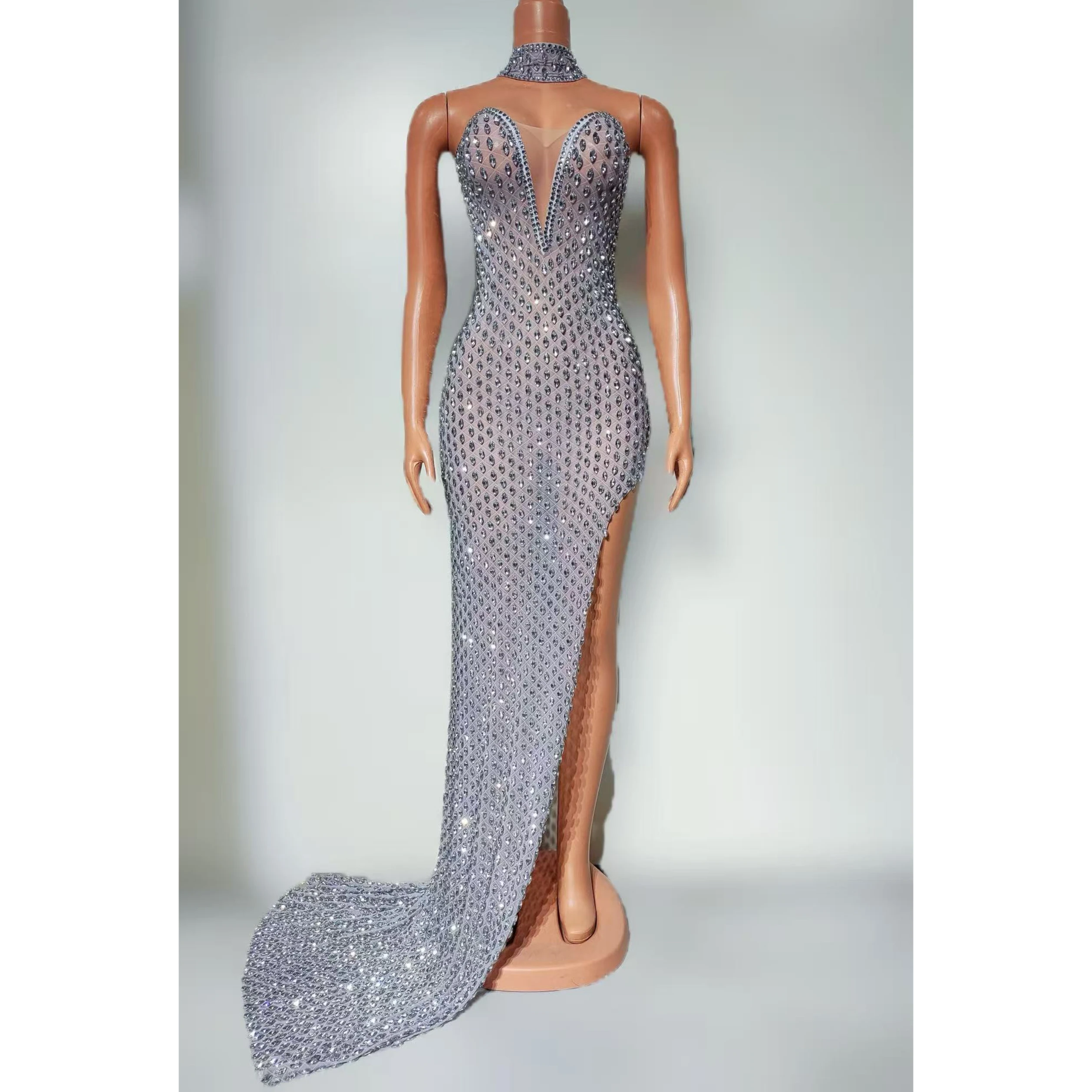 

Women Luxury Shinny Party Dress V Neck Crystal Open Leg Maxi Long Glitter Birthday Celebrity Evening One Piece Gala Gowns