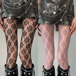 Women's Black Sexy Lace Fishnet Floral Hollowed-out Tights Lolita Sweet Silk Stockings JK Shaping Personality Mesh Pantyhose