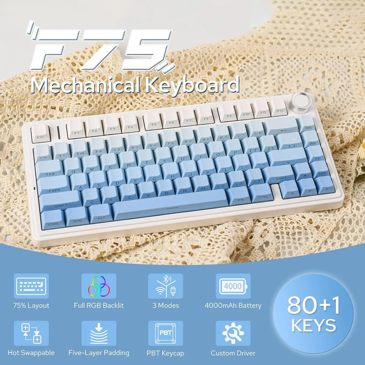 New AULA F75 Mechanical Keyboard 2.4G Wireless/Bluetooth/Wired RGB 75% Layout OEM Profile Gasket Customized PC Gaming Keyboard