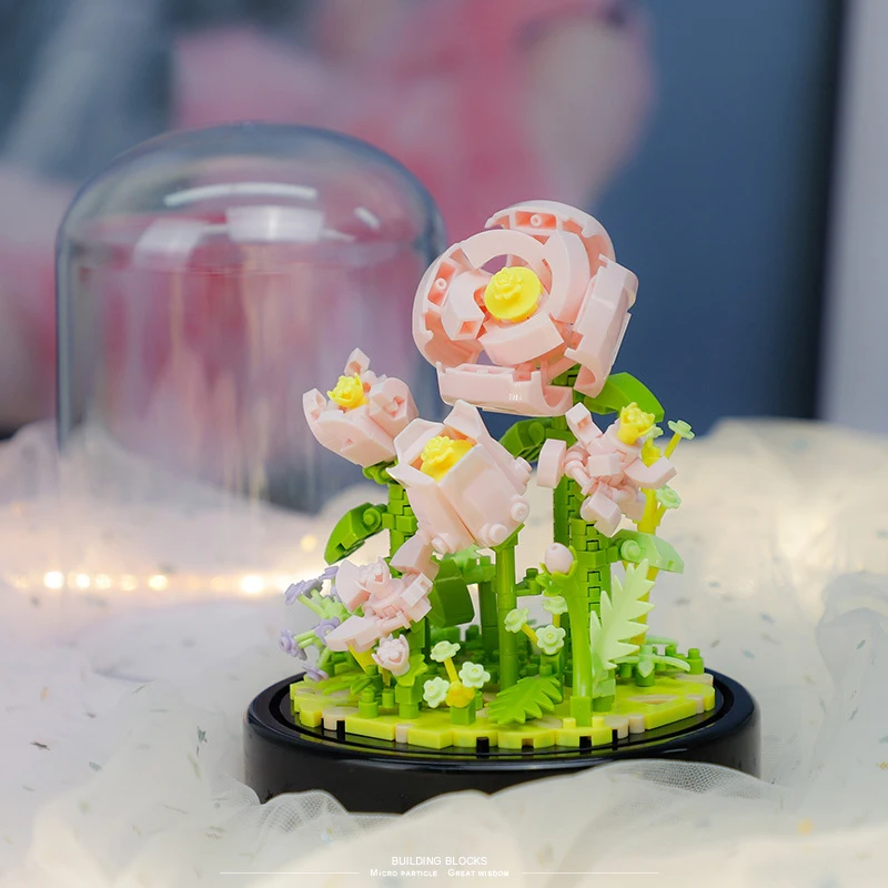 Bloques de construcción de flores con cubierta de polvo, Mini conjunto de ensamblaje, decoración de exhibición, modelo de ladrillos, regalo romántico para cumpleaños de niña