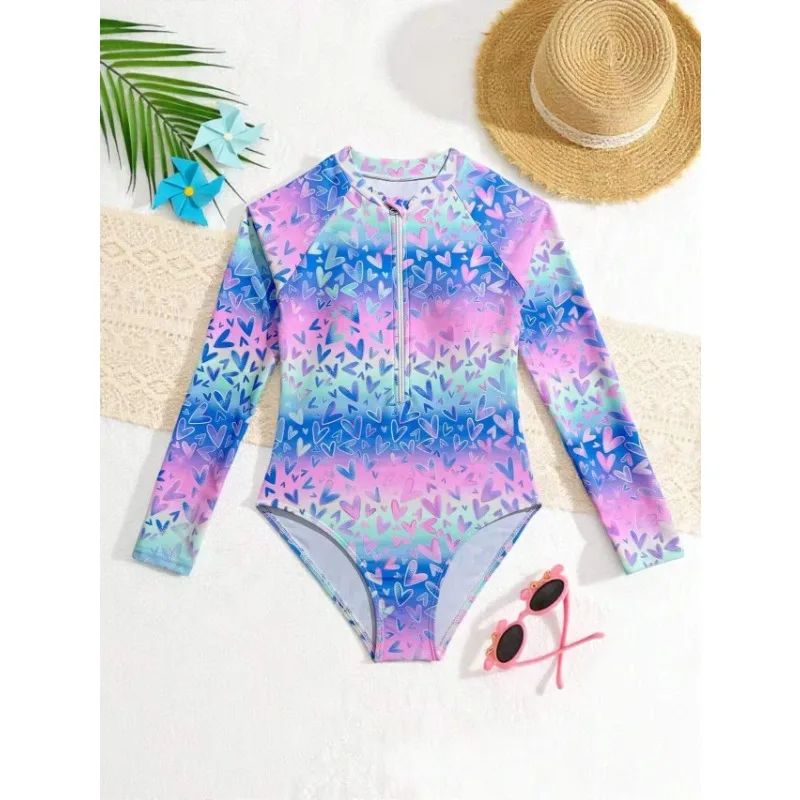 Stampa Costume intero per ragazze 8-12 anni Costume da bagno per bambini Costumi da bagno per bambini adolescenti 2024 Manica lunga Costumi da bagno da surf Spiaggia