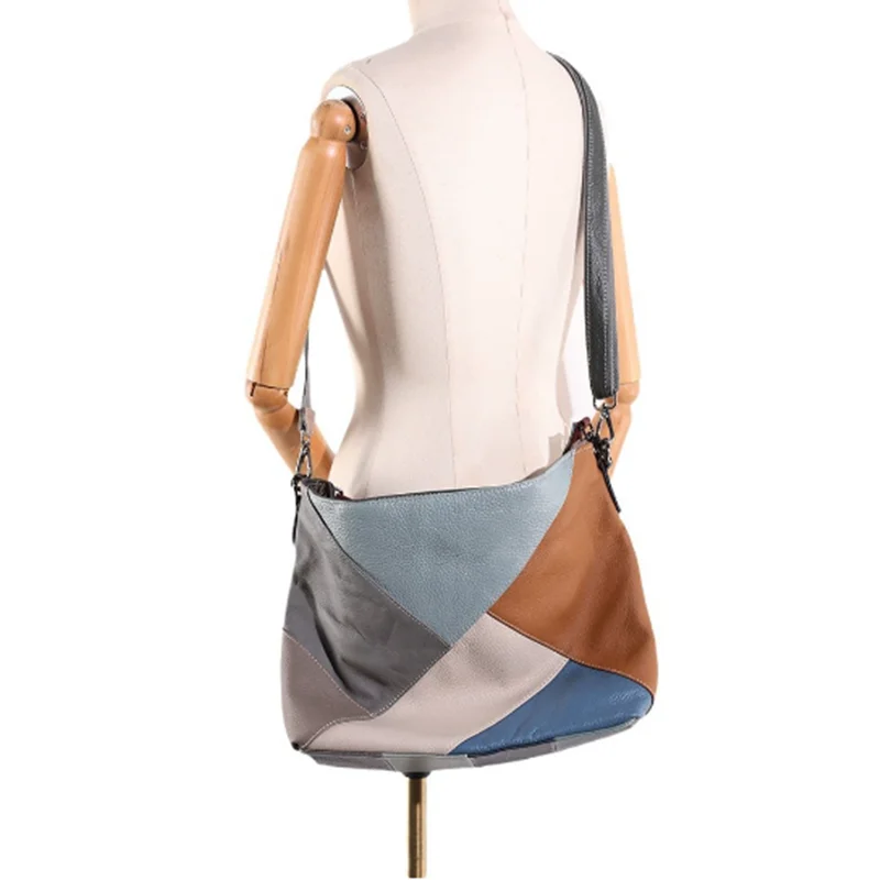

Handcrafted top-grain cowhide colorful patchwork single-shoulder crossbody bag, a fashionable, retro and luxurious fashion bag
