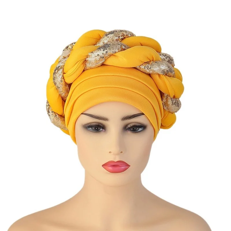 Turbans for Women Pleated Beanie Headwrap African Hat Arab Wrap Muslim Scarf Hijabs Hair Aso Oke Auto Gele Readymade to Wear