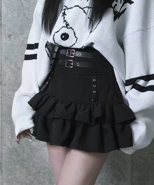 

Goth Lolita High-waist Leather Buckle Short Skirt Summer Sweet Black Versatile Elastic Waist Ruffle A Word Cake Mini Skirts