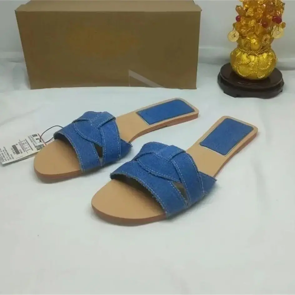 TRAF Woman’s Blue Denim Flat Slippers Sandals Fashion Rounded Toe Sandals 2024 Summer Female Casual Slides Outdoor Flip-flops