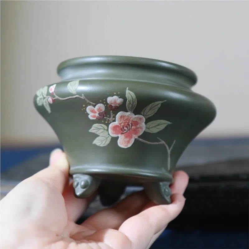 Purple Clay Flower Pot Lotus Flowers Plum Blossoms Mud Painted Handmade Pot Hand-painted Bonsai Flower Pot Desktop Bonsai Crafts