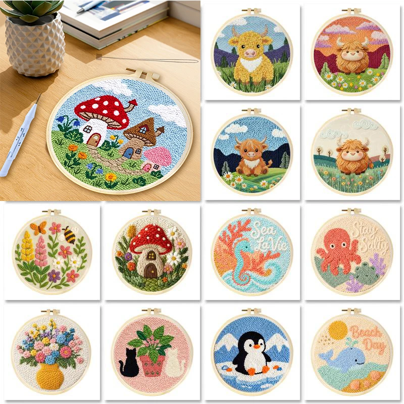 GATYZTORY DIY Punch Needle Kits Animal Easy Punch Needle Embroidery Set for Beginners with Hoop Stamped Pattern for Craft Home D