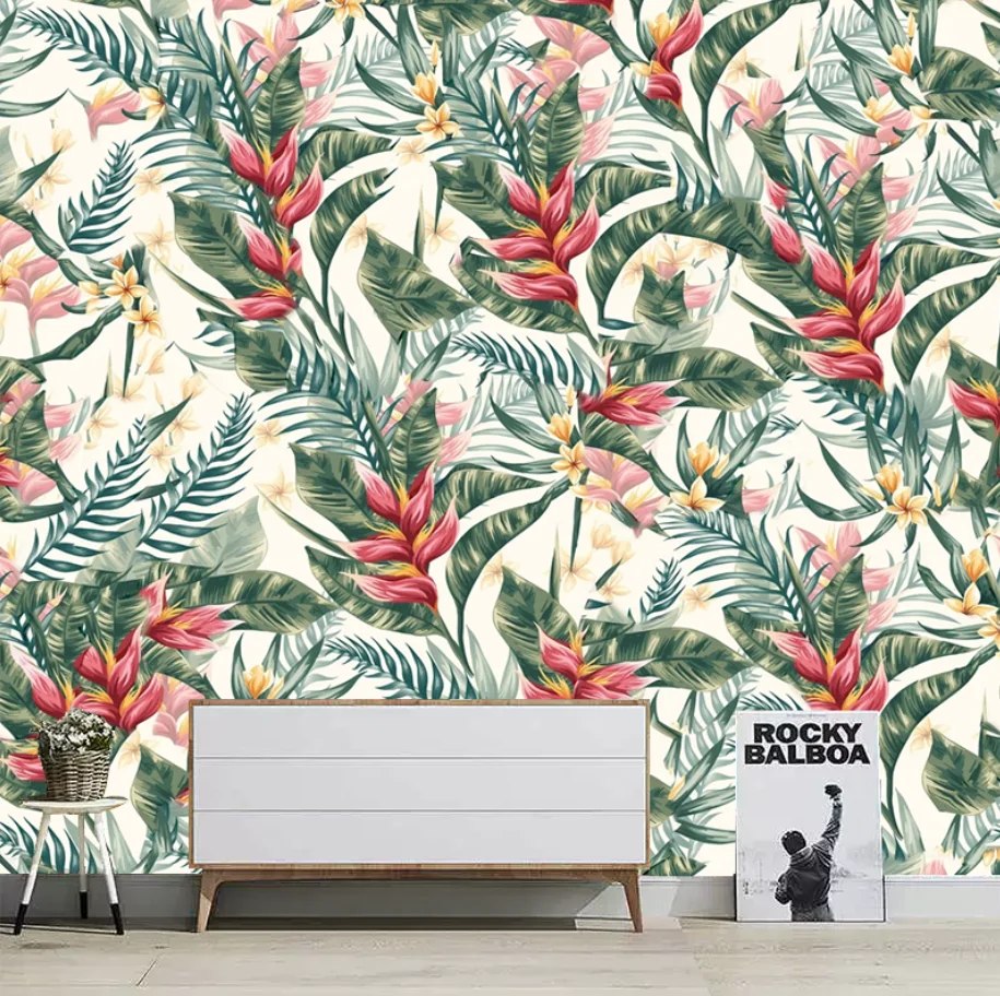 Custom wallpaper Green leaves red flowers watercolor style Nordic minimalist American leaf sofa background wallpaper home decor