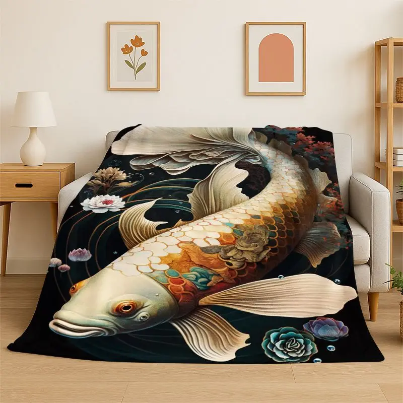 Cartoon Koi Carp Good luck Yin Yang Fish Flannel Blanket Soft Throw Blanket for Bedroom Living Room Bed Travel Camping Nap Gift