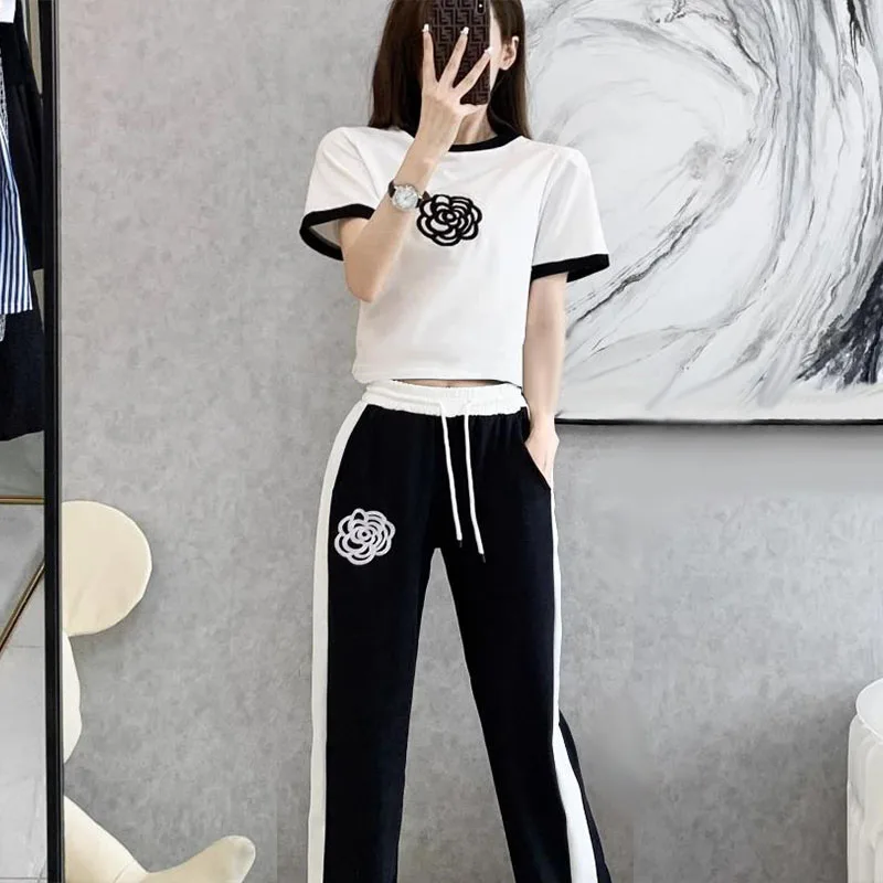 Women Casual Tracksuit Short Sleeve T-shirts+Wide Leg Pants 2Pcs Sets Chic Streetwear Loose 2024 Summer Ladies Fashion Outfits