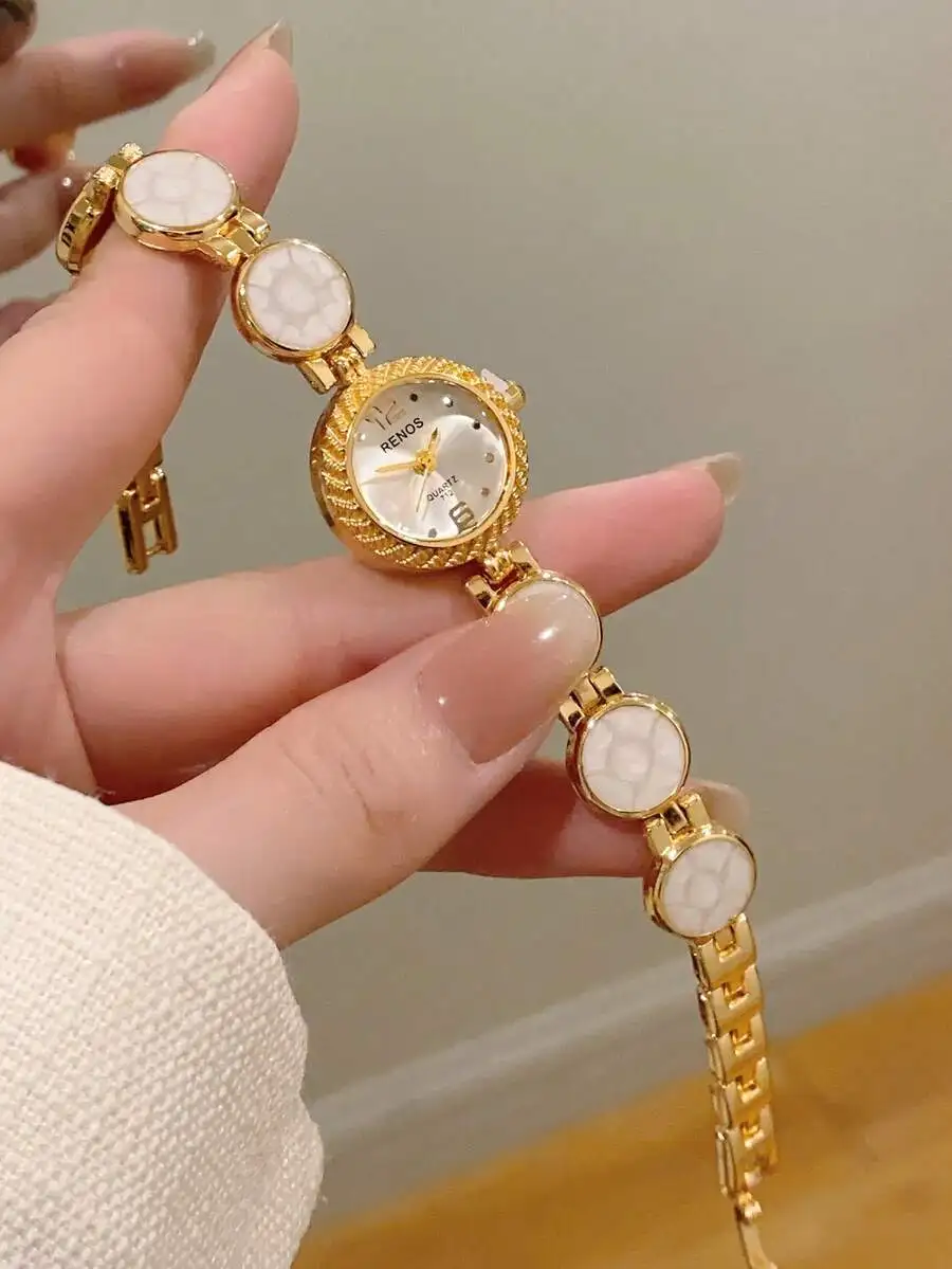 1pc Silver-Gold Oval Design Green Dial Elegant Women's Watch, Bracelet Style Fashion Minimalist Casual