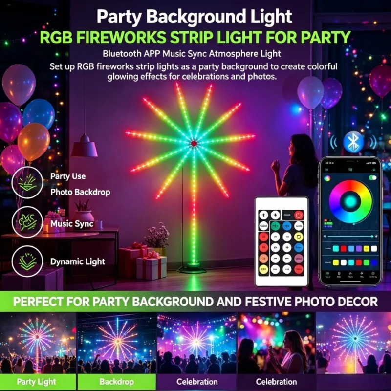 Color Changing Fireworks LED Strip Lights Smart APP Control for Living Dining Room Wall for Apartment Bedroom Decor Style