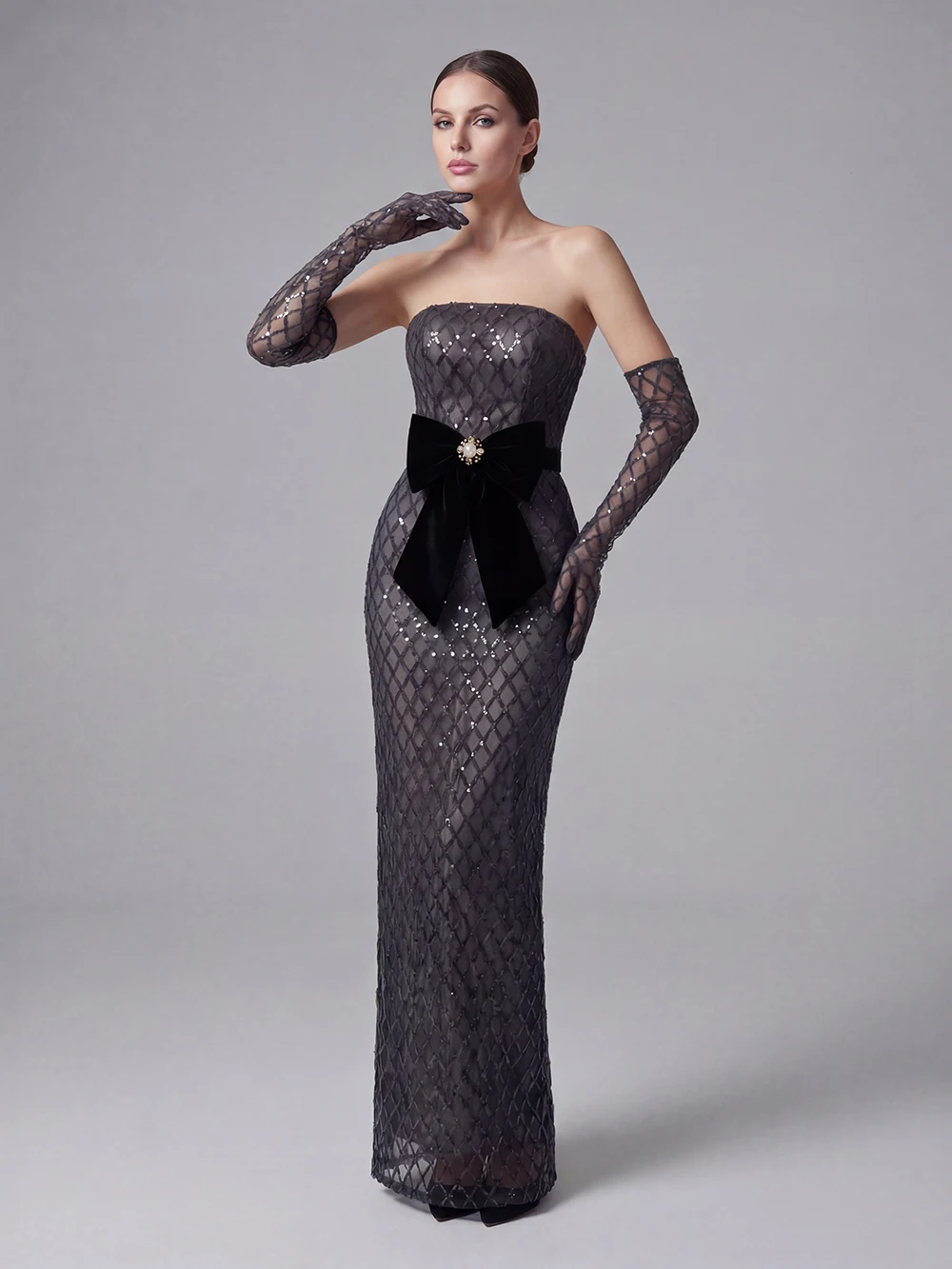 Modphy Sexy Strapless Sequin Mesh See Through Long Dress with Gloves Women Perspective Design Slim Dresses Evening Party Gowns