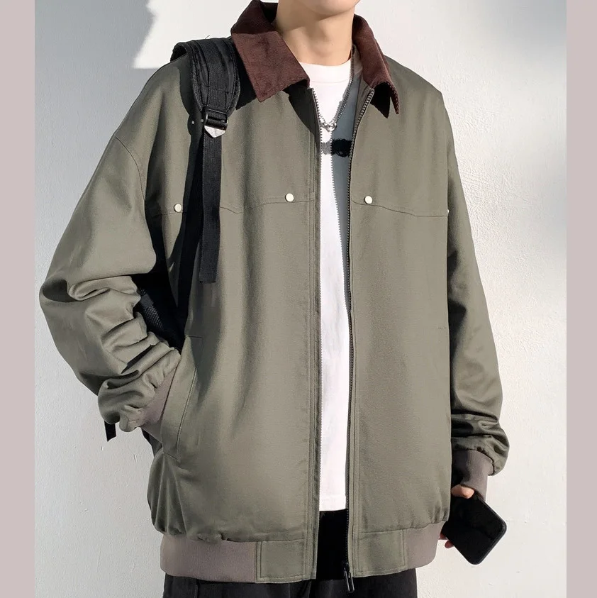 2025 Man Jacket Autumn Fashion Contrast Color Turn Down Collar Male Coat Zipper Long Sleeve Pocket Business Men Outerwear