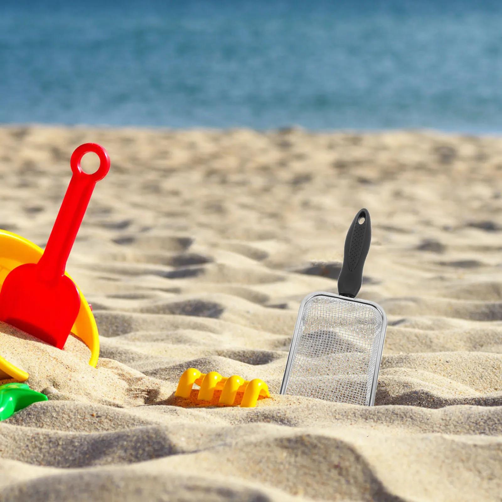 2 قطعة مرشح الرمل الشاطئ شبكة مجرفة دائم الفولاذ المقاوم للصدأ البلاستيك أداة محمولة لجمع صدف الحيوانات الأليفة القمامة الغذاء الطبخ