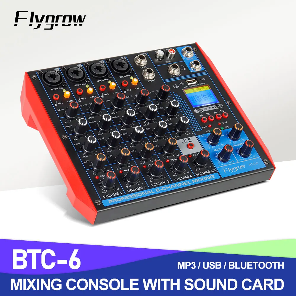 Professional Audio Mixer Flygrow BTC-4/6/8 Channel Bluetooth/USB 48V Recording Console for Home, Meeting, Performance