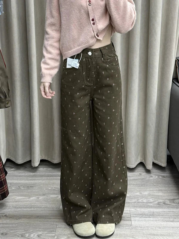 

Ретро джинсы с высокой талией, свободные, с широкими штанинами, с цветочным принтом, женские, осенне-зимние, новые, коричневые, повседневные, удобные брюки
