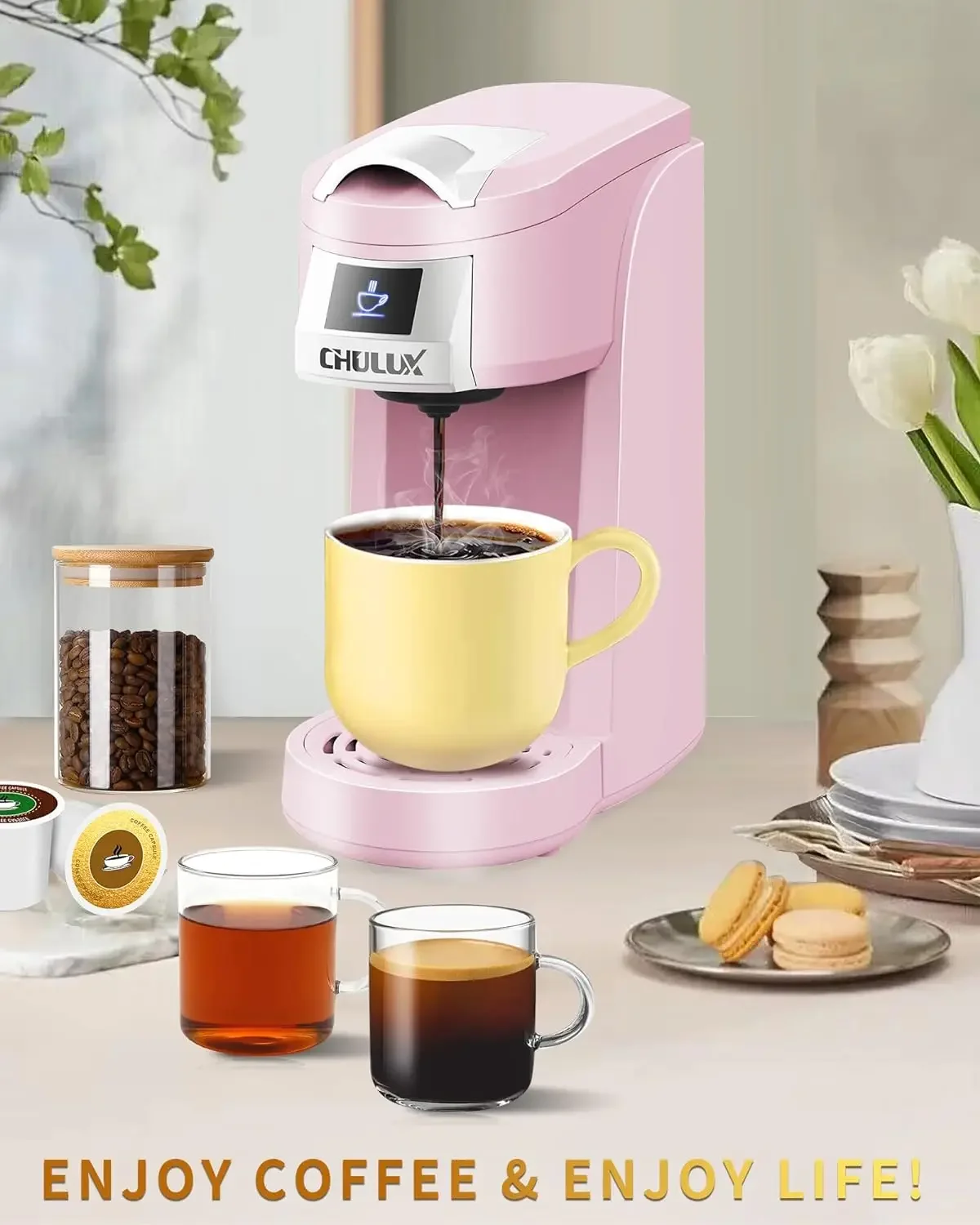 NEW Upgrade Single Serve Coffee Maker for K Cup & Ground Coffee, Pink Mini Single Cup Coffee Machine with One Touch Function