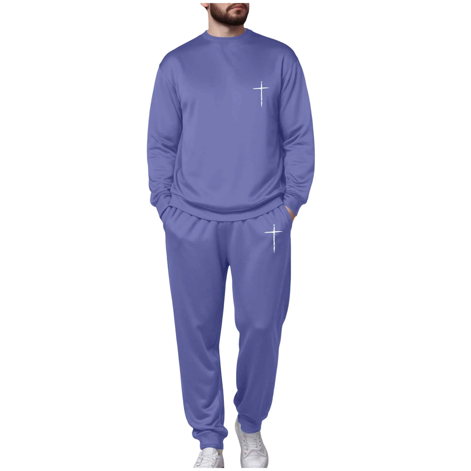 

Nights for Men Men's Fleece Lined Crew Neck Hoodless Sweatshirt And Sweatpants Suit Street Fashion Men Slimming Fit Suite