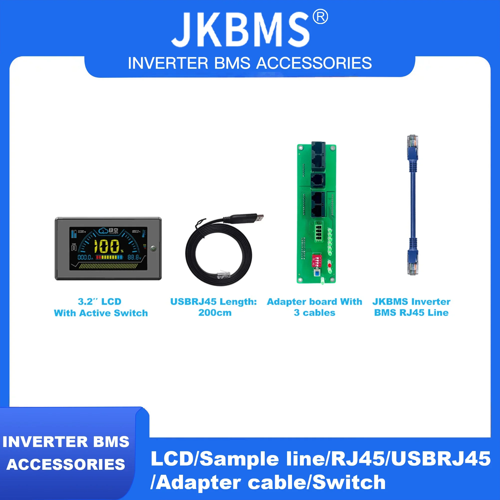 JKBMS Inverter BMS Accessory RJ45 USBRJ45 Sample Line Adapter Board Line2.3/3.2/4.3 Inch LCD Switch