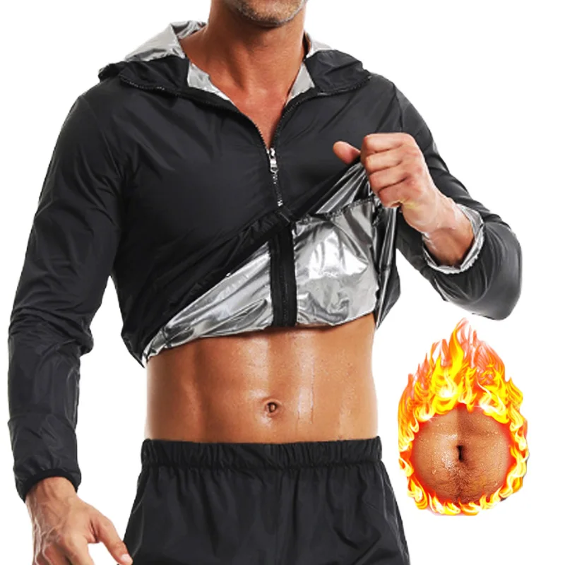 MrifDila with Pocket Sauna Sweating Jacket Hoodie Hot Sweating Jacket Men Gym Shirt Long Sleeve Workout Sweat Top Silver Heating
