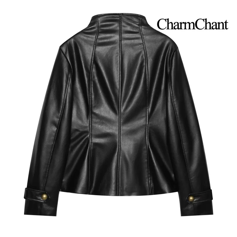 CHARMCHANT Women's Double Breasted Faux Leather Jacket Stand Collar Epaulet Gold Button Fitted Short Coat Fashion New 2026