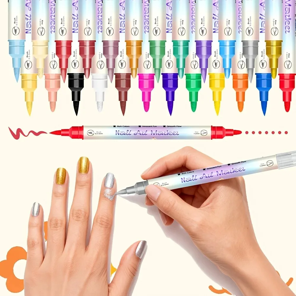 24 Colors Dual Ended Nail Art Pens Set With Nail Stencils Fine Tip Brush Tip Drawing Markers DIY Manicure Painting Tools