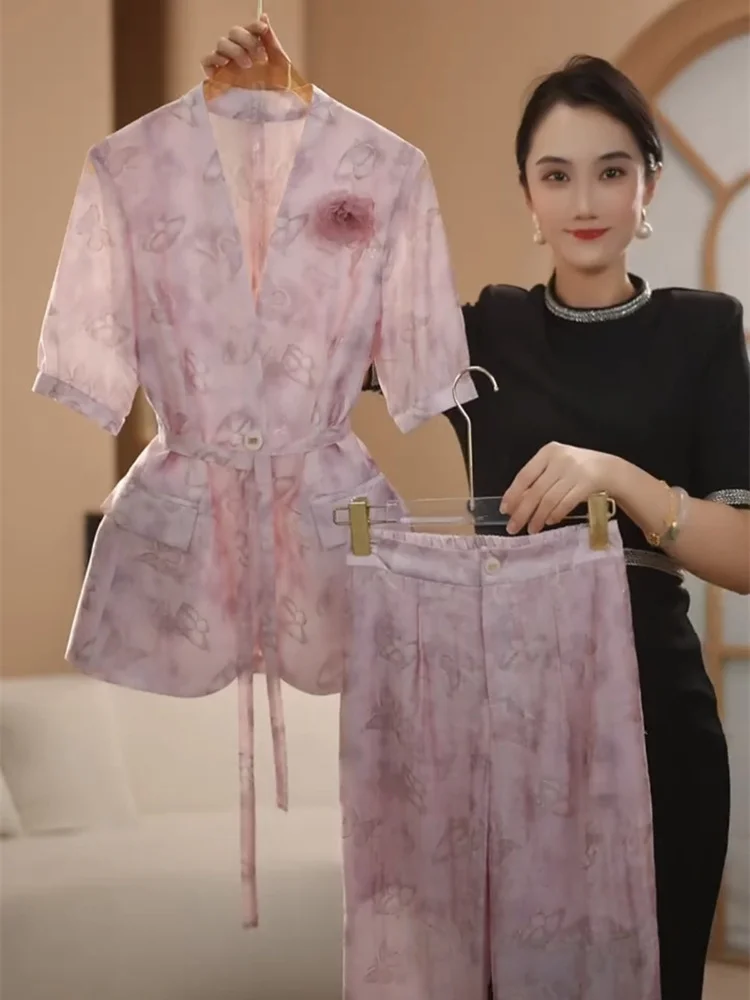 

2025 summer new professional suit set temperament jacquard slimming short sleeved top+wide leg pants elegant two piece set