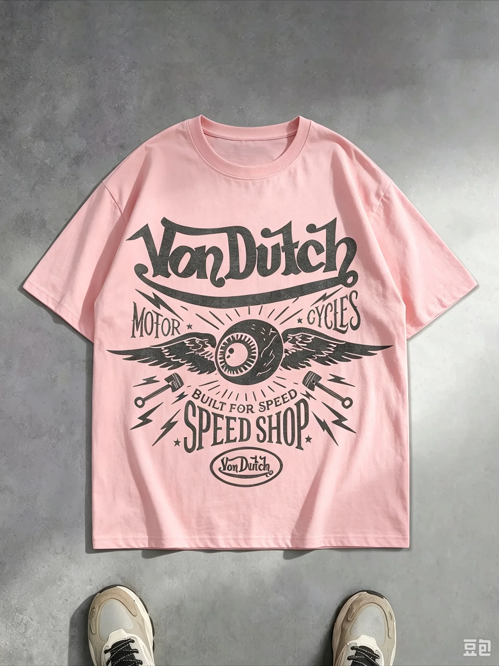 2026 Black Retro Motorcycle Parent-Child T-shirt Winged Eyeball & Lightning Bolt Print, Vintage Biker Style Unisex Casual Tee