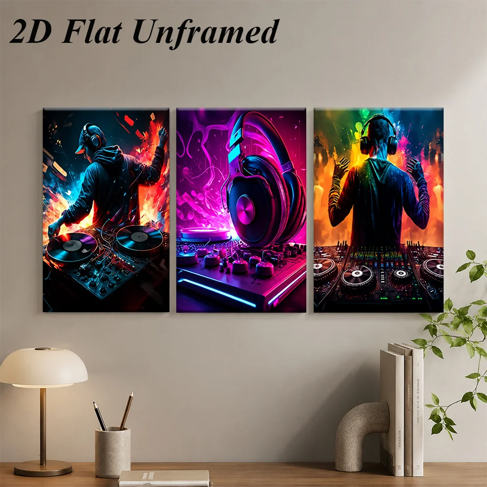 （NoFrame 3PCS)-2D Flat, 2D Flat, 1 Set Modern DJ Tri-Panel Frameless Decorative Painting, Music Theme Bar Living Room Bedroom