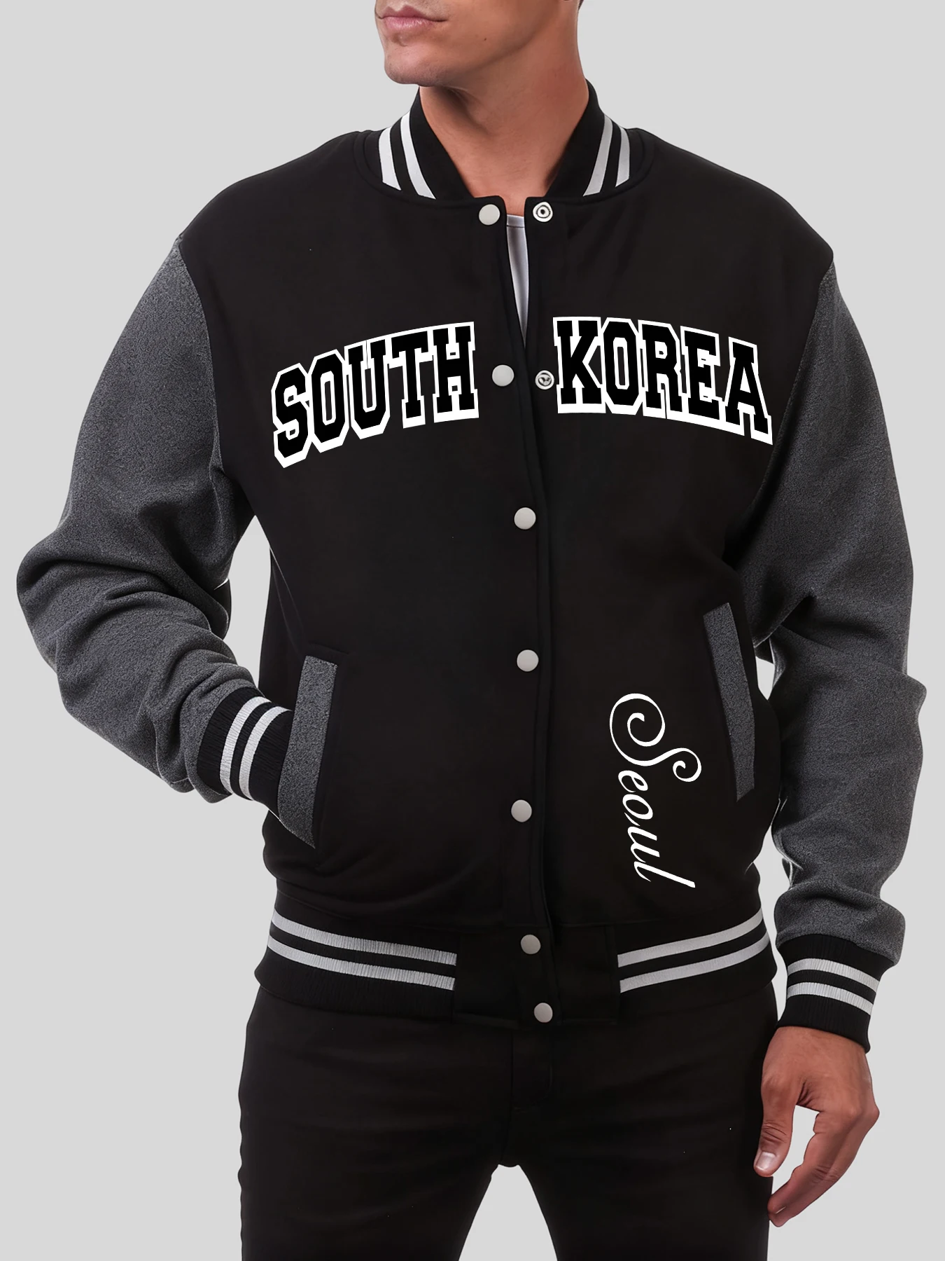 

South Korea Seoul Letter Prints Men Baseball Jersey Trendy Personality Clothes Casual Fleece Coat Autumn Hip Hop Streetwear