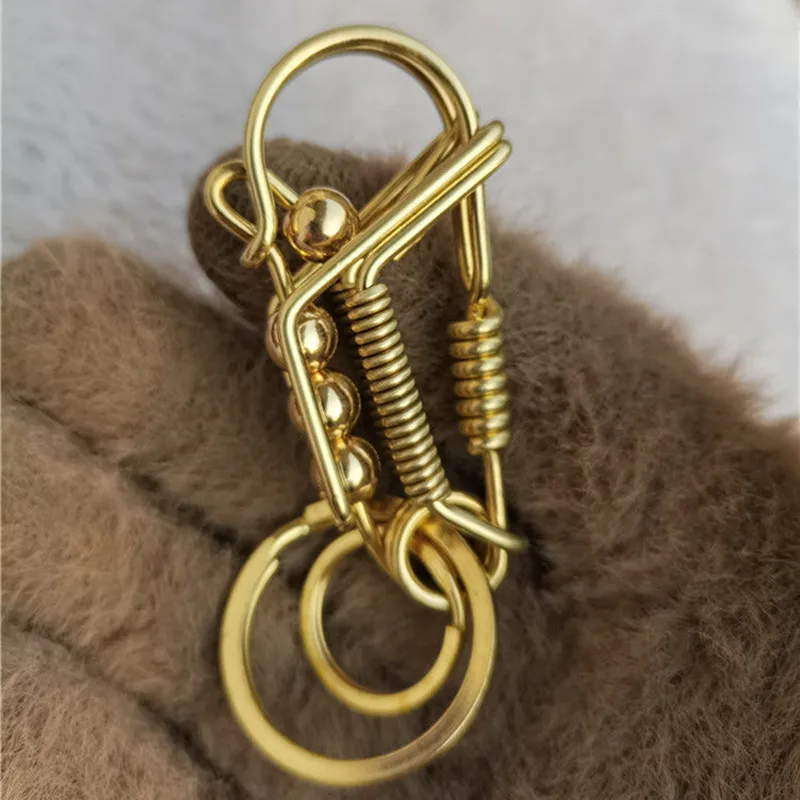 Handmade Keychains  2Brass Wire Car Key Ring, Engraved Retro Matte Round Bead, Men\'s Gift Waist Trinket Outdoor Mechanical Style