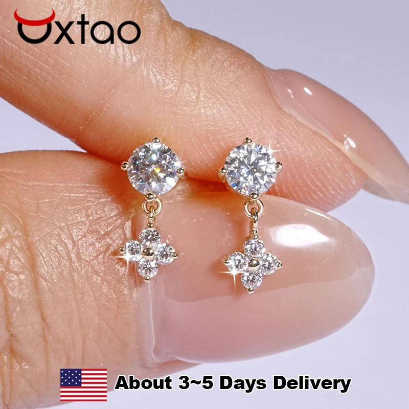 

OXTAO 100% твердое 10-каратное золото D муассанит висячие серьги для женщин серьги-гвоздики с цветком клевера изысканные ювелирные изделия в подарок