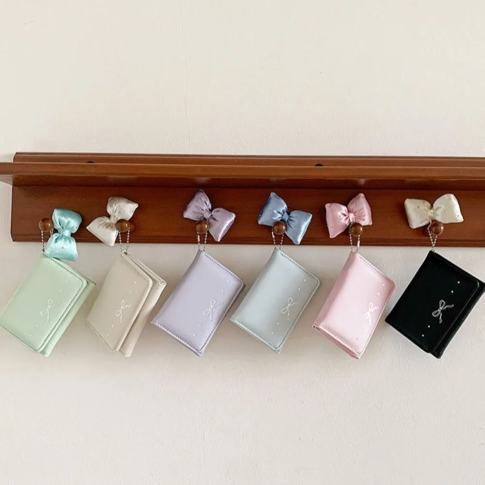 Cute Foldable Pendant Bow Wallet Multi-functional Solid Color Short Wallet PU Leather Korean Style Coin Purse Girls