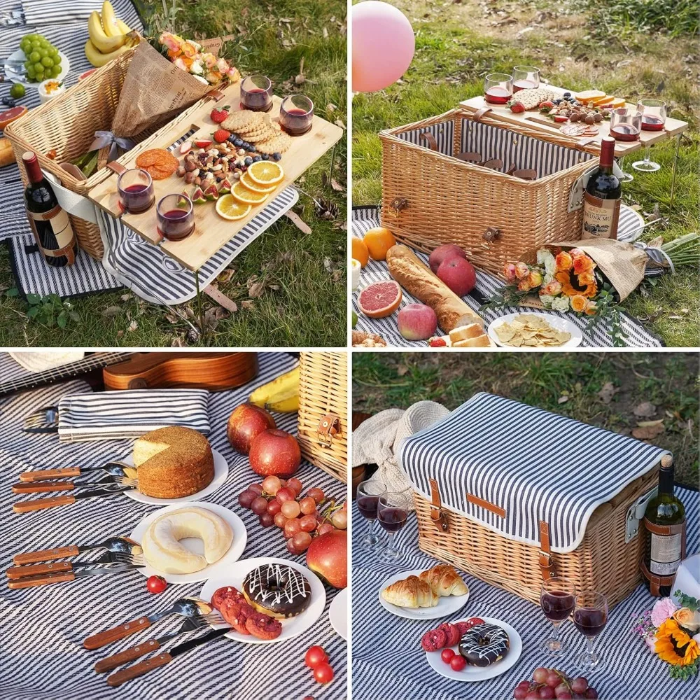 Wicker Picnic Basket for 4, 4 Person Picnic Kit, Willow Hamper Service Gift Set