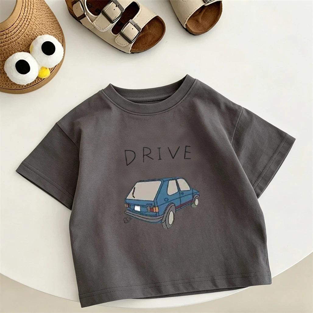 Summer Clothes Short-sleeved Tops Little Car Print T Shirt Boys And Girls Round Neck Bottoming Shirt Baby Simple Versatile Tees
